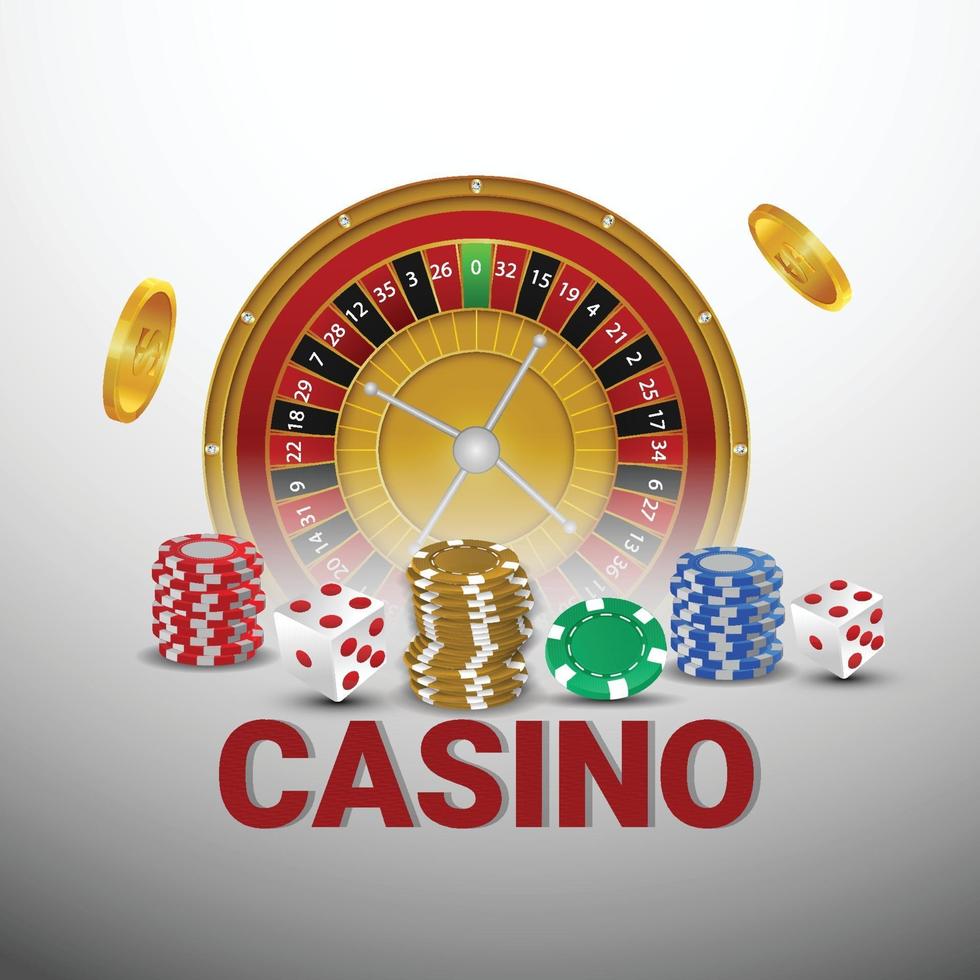 Casino online gambling game with roulette, casino chips, and gold coin vector