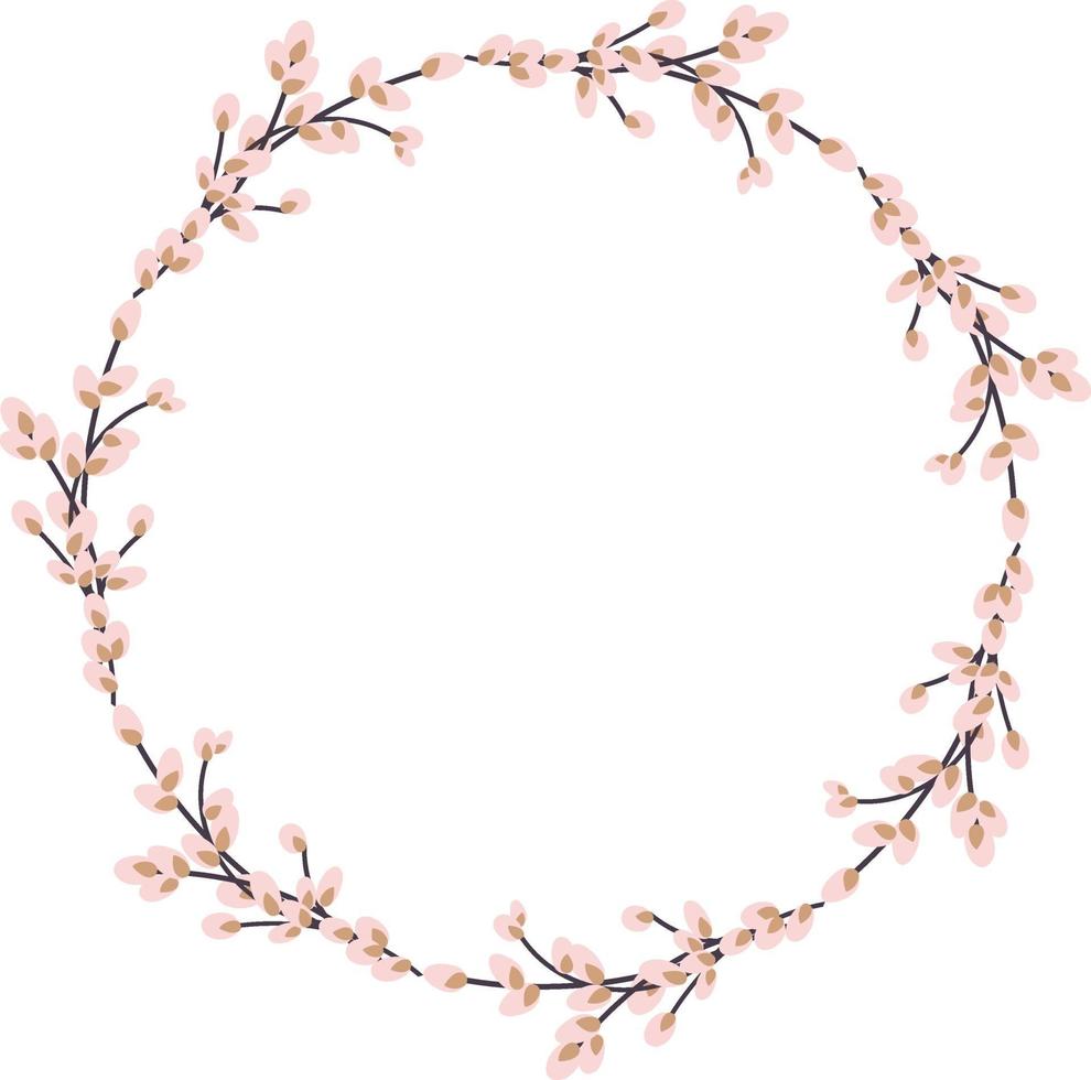 Willow wreath. Round frame made of willow twigs. Easter wreath made of willow stalks.Vector flat illustration isolated on a white background. Design for invitations, postcards, printing. vector