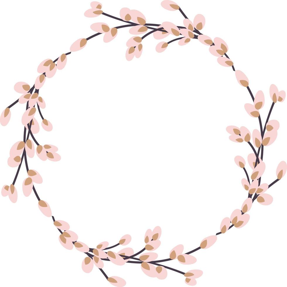 Willow wreath. Round frame made of willow twigs. Easter wreath made of willow stalks.Vector flat illustration isolated on a white background vector