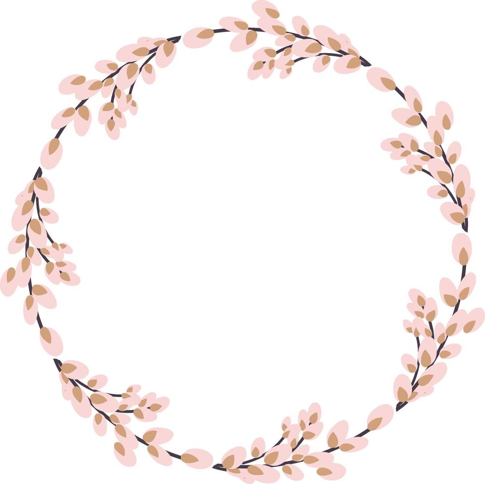 Willow wreath. Round frame made of willow twigs. Easter wreath made of willow stalks.Vector flat illustration isolated on a white background vector