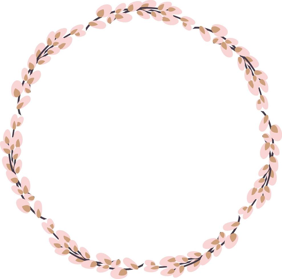 Willow wreath. Round frame made of willow twigs. Easter wreath made of willow stalks.Vector flat illustration isolated on a white background vector