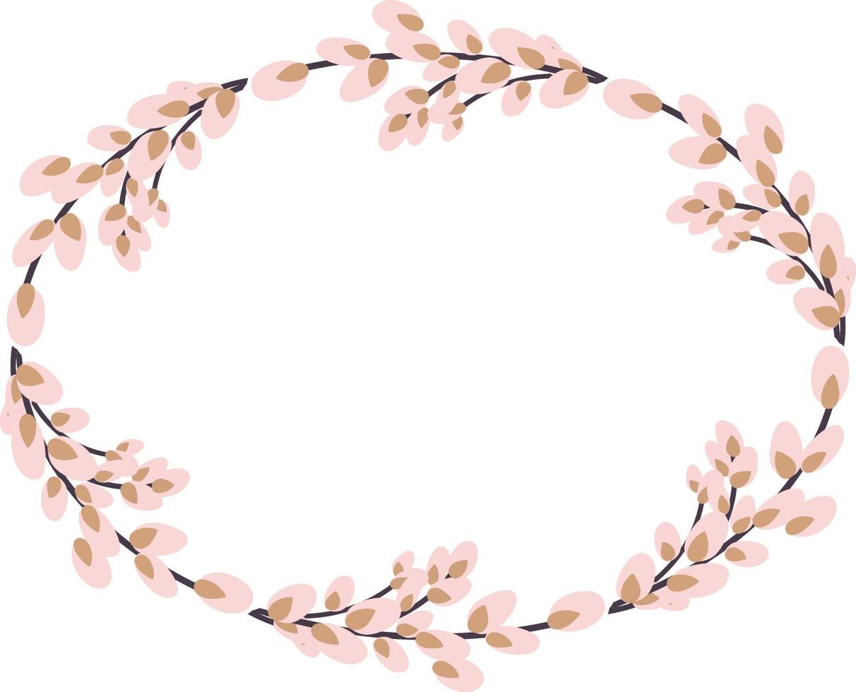 Oval wreath of willow. Willow wreath.Easter wreath made of willow stalks.Vector flat illustration isolated on a white background. Design for invitations, postcards, printing. vector