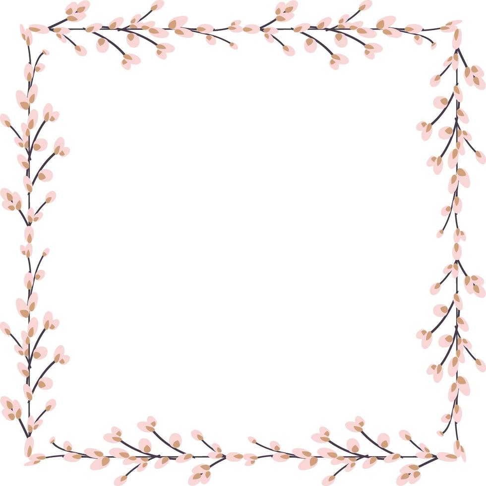 square frame made of willow twigs.Easter wreath made of willow stalks.Vector flat illustration isolated on a white background. Design for invitations, postcards, printing. vector