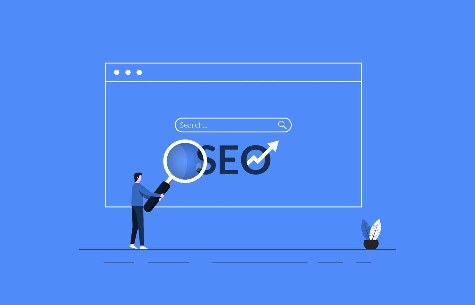 Search Engine Optimization concept on browser design with a man holding magnifying glass symbol illustration. vector