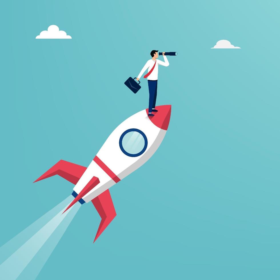 Businessman standing on space shuttle flying to the sky illustration. Business and career path concept. vector