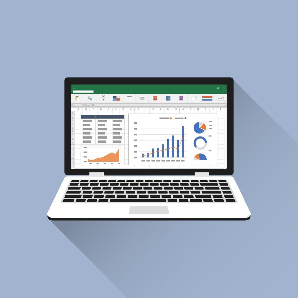 Spreadsheet on Laptop screen flat icon. Financial accounting report concept. office things for planning and accounting, analysis, audit, project management, marketing, research vector illustration.