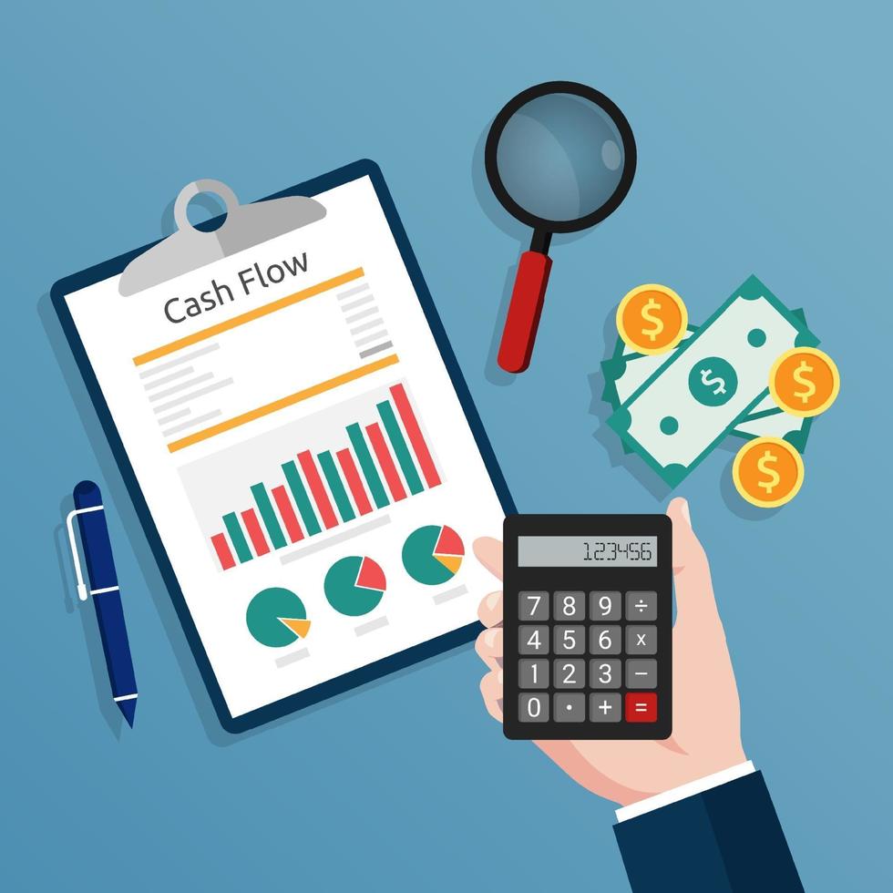 Accountant holding a calculator checks cash flow report concept illustration. vector