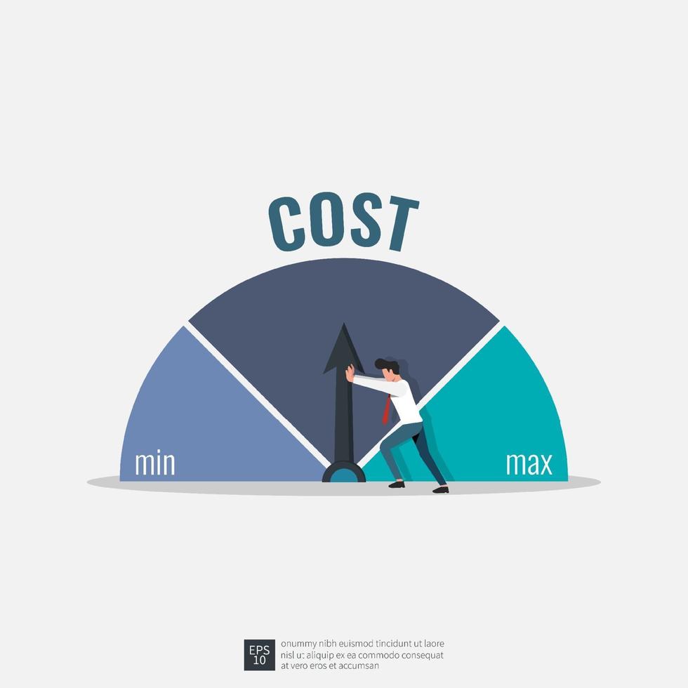 Businessman trying to push cost to minimum position illustration. Cost reduction strategy concept. vector