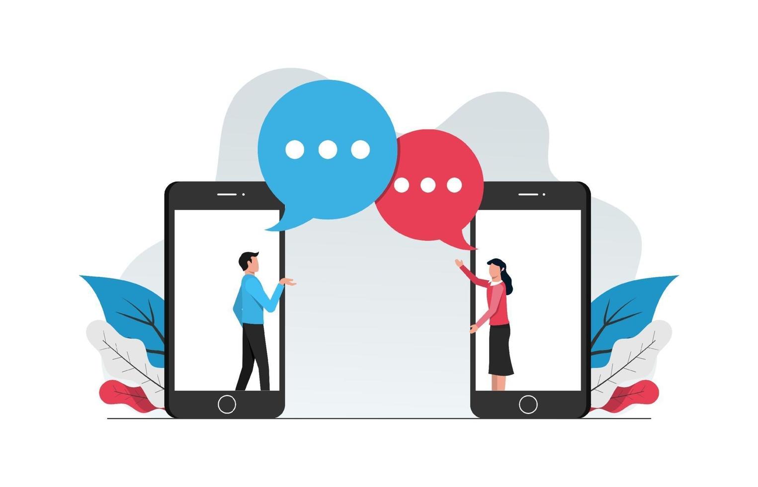 WebChatting online concept. Man and woman doing conversation from phone vector illustration.