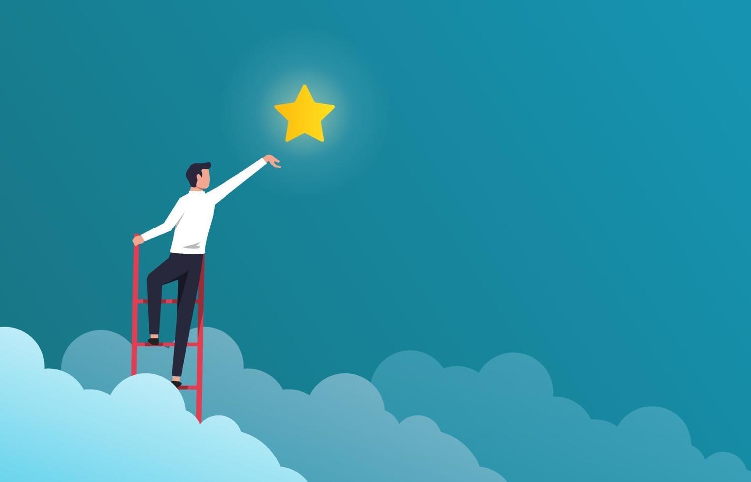 Successful businessman on ladder to reach star vector illustration. Success in Business and career symbol.