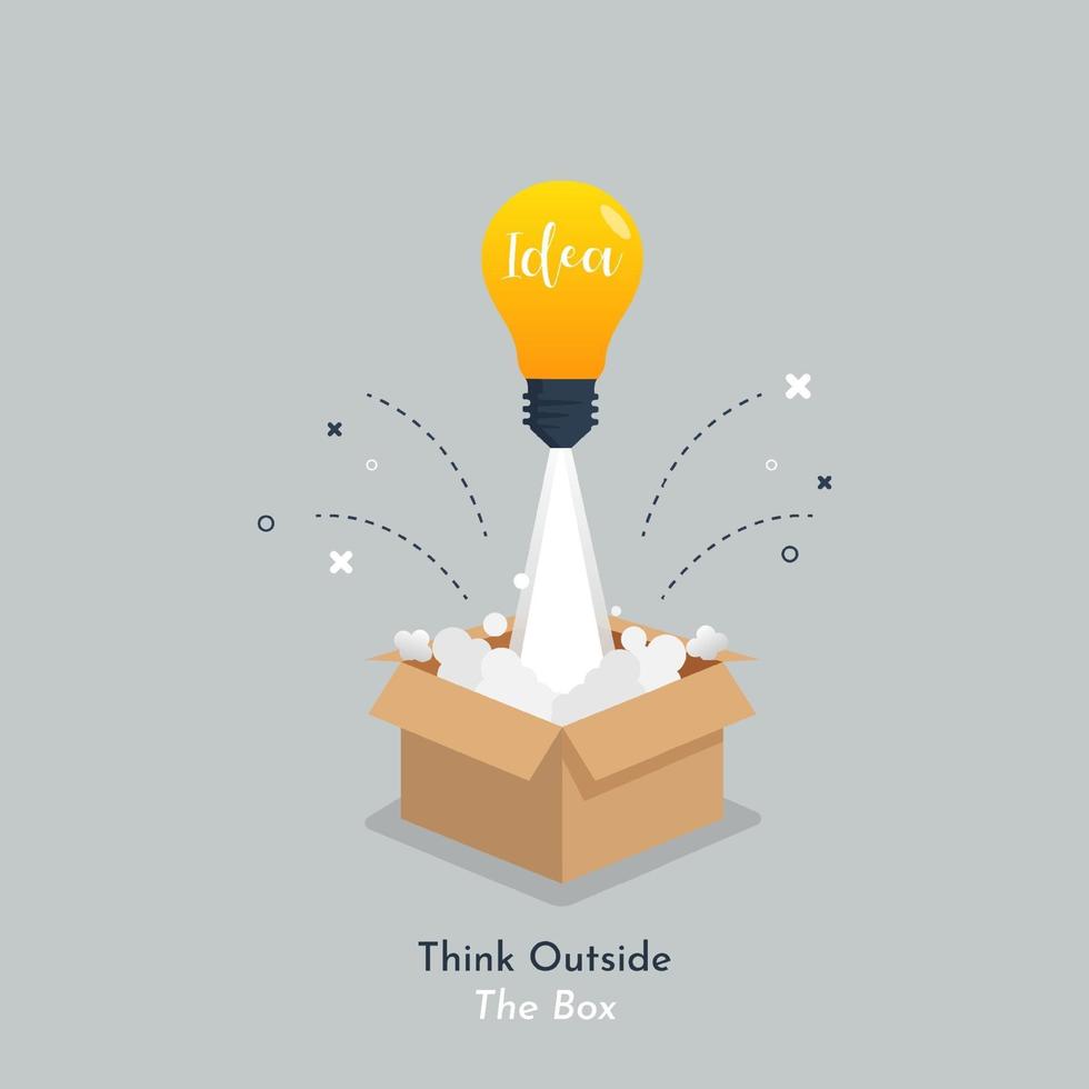 Idea lamp light launch from box cartoon icon illustration. Think outside of box concept. vector