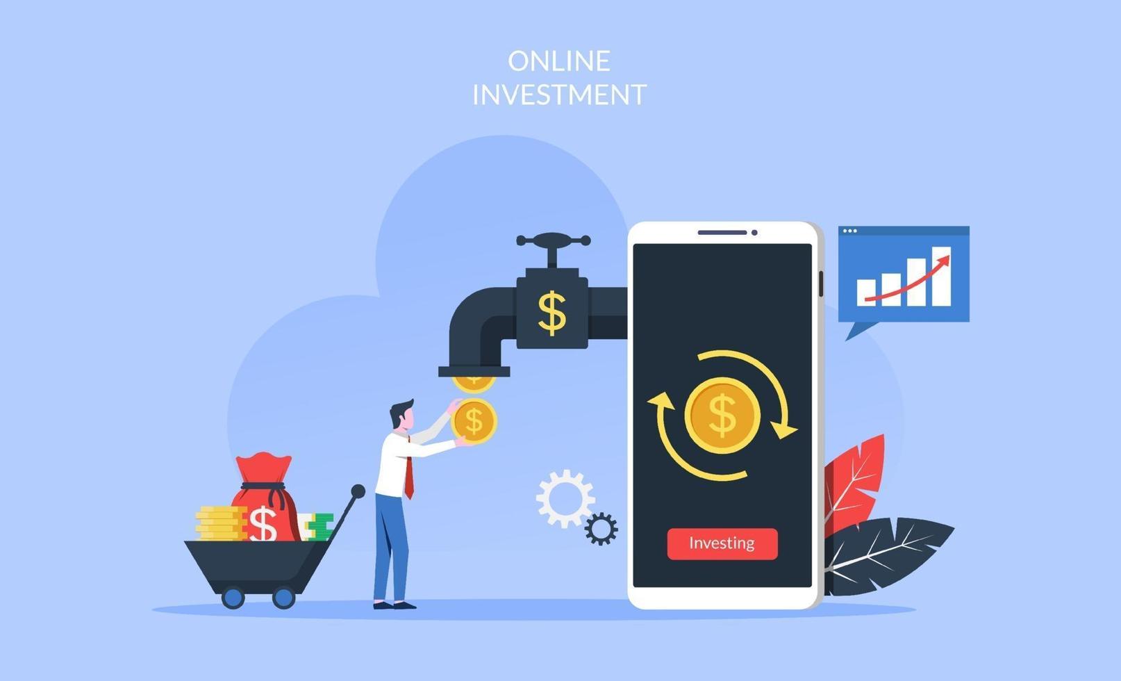 Online investment concept with businessman taking coins of money from smartphone vector illustration.