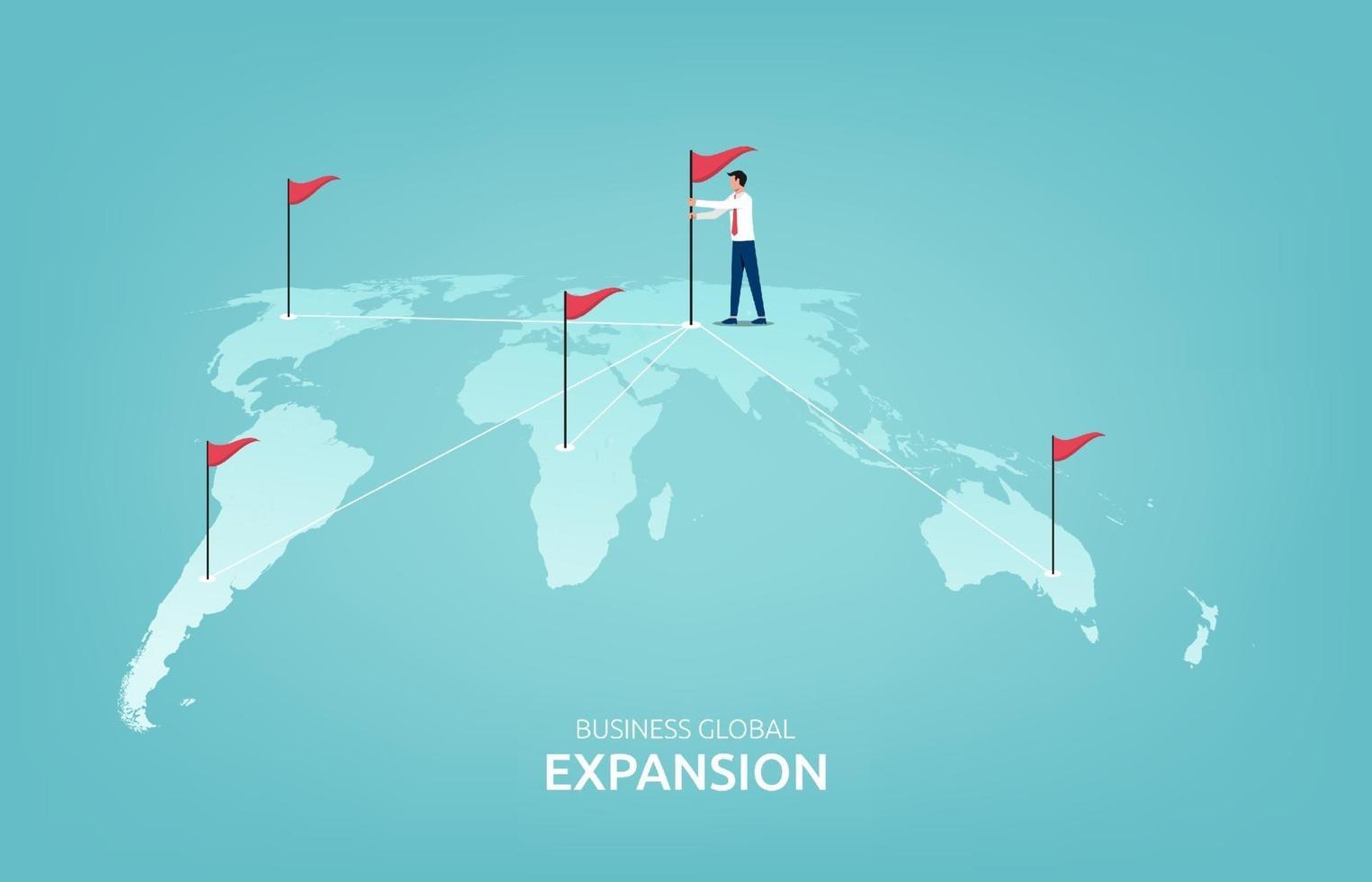 concepto de expansión global de negocios con empresario y banderas símbolo ilustración vectorial. vector