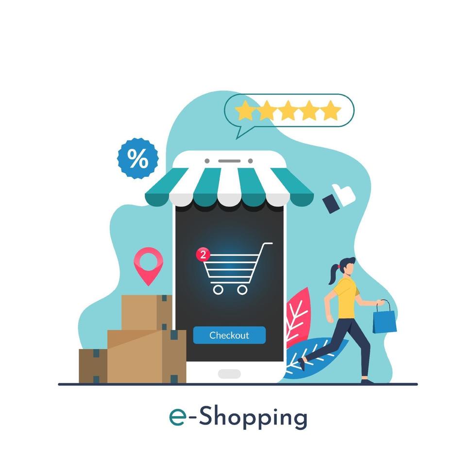 e-shopping concept with tiny woman character purchasing items from smartphone vector illustration.