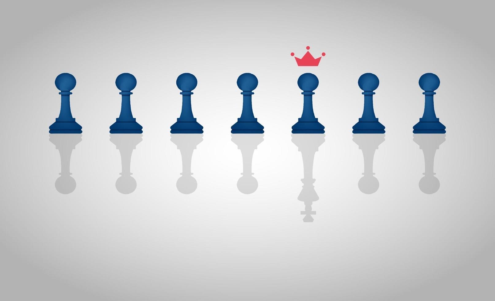 Leadership concept with group of chess pawn pieces with one piece casting a shadow of a king vector illustration.