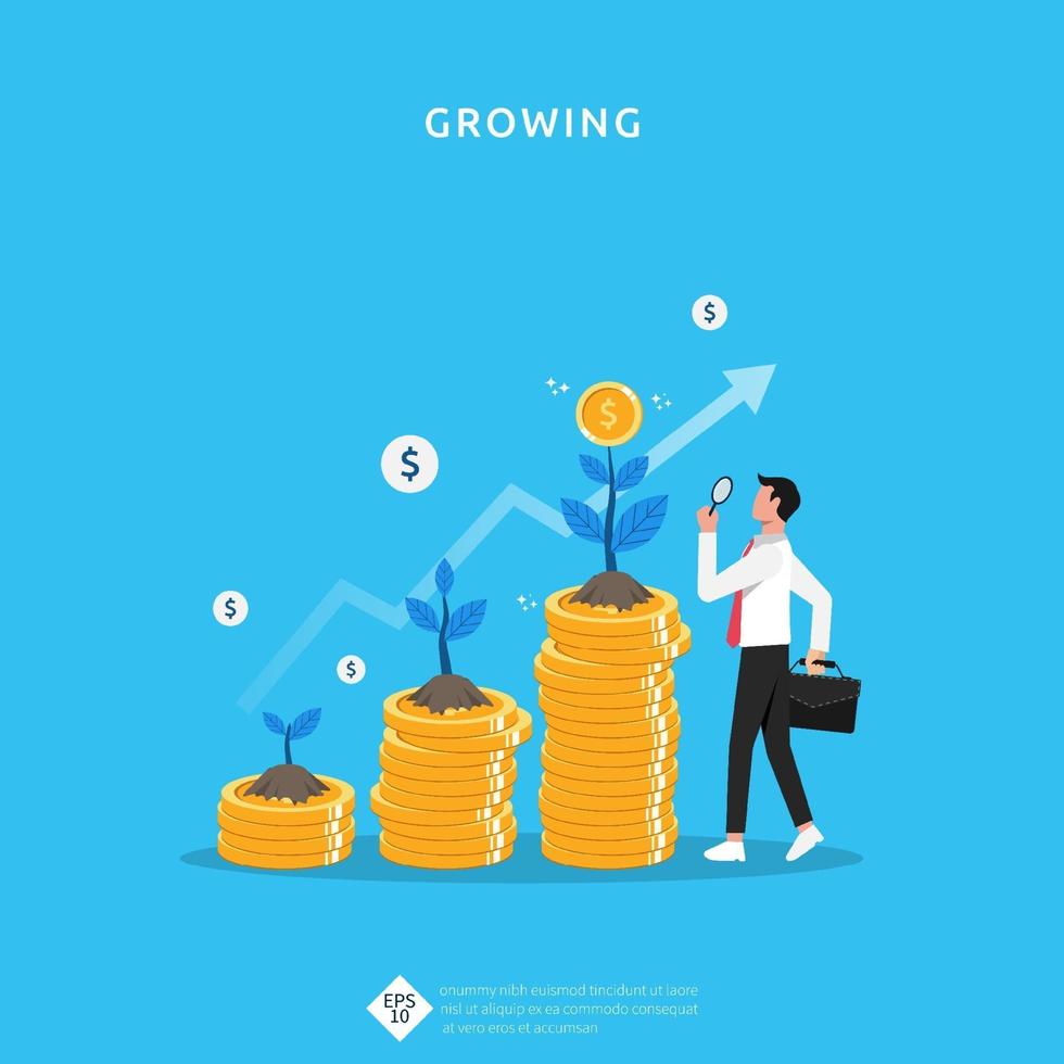 Plant money coin growth illustration for investment concept. Business profit performance of return on investment vector