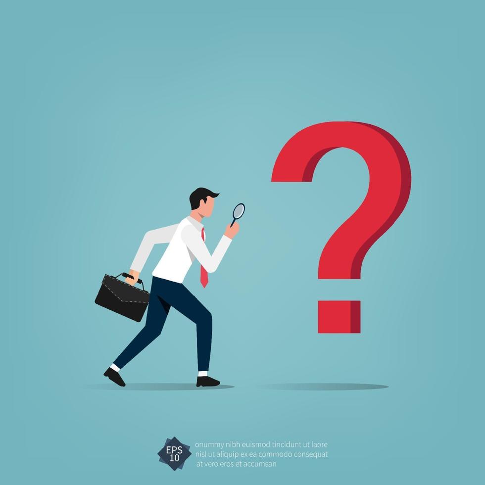 Businessman investigating question mark with magnifying vector illustration.