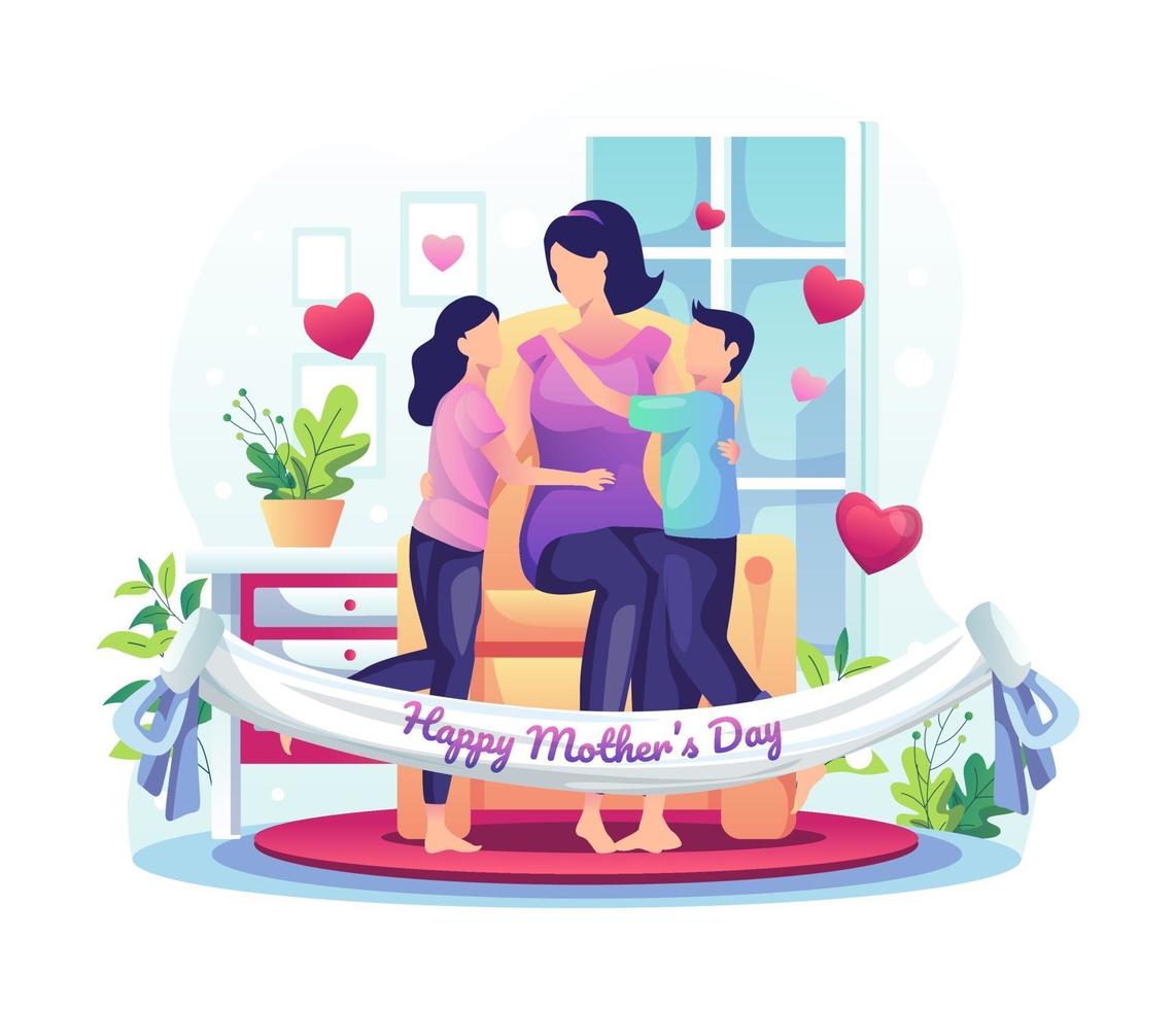 los niños celebran el día de la madre con su madre en casa. feliz día de la madre saludo ilustración vectorial vector