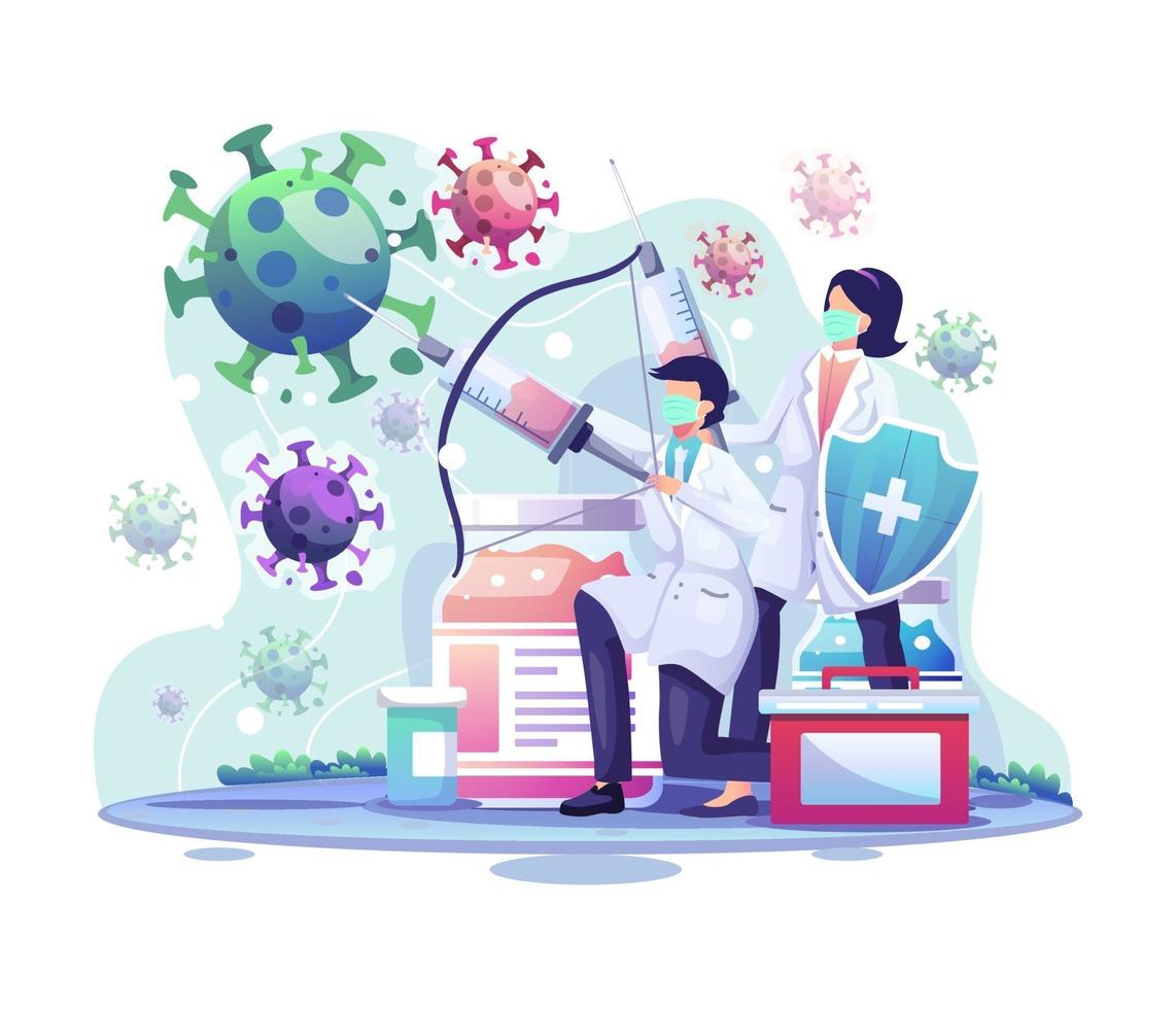 The doctor is shooting with an injection to covid-19 coronavirus cell. Vaccination concept vector illustration
