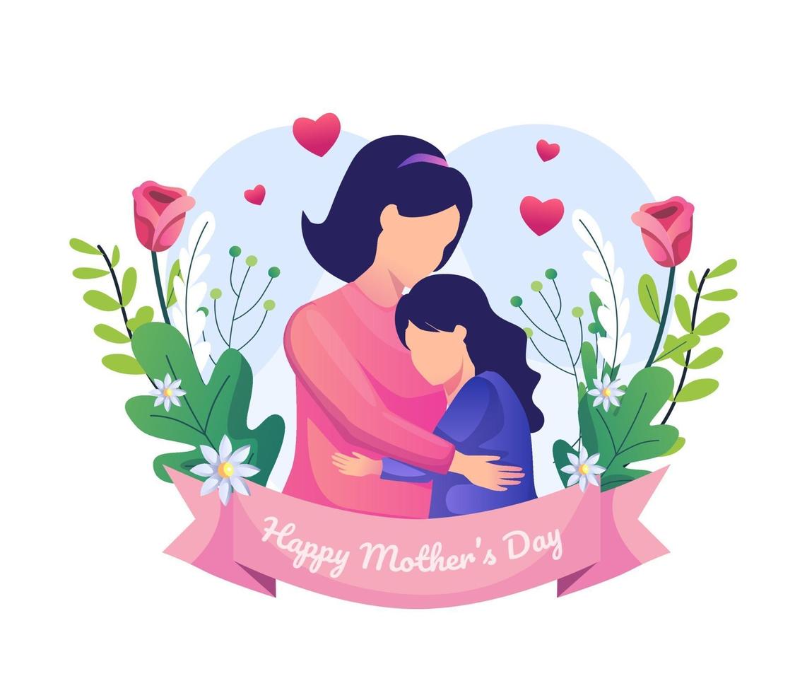 Mother and her daughter are hugging. Happy Mother's Day Greeting vector illustration