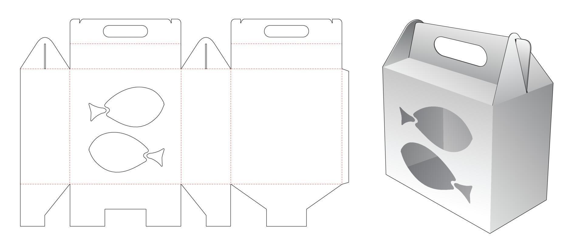 Manejar la caja de embalaje con plantilla troquelada de ventana en forma de pez vector