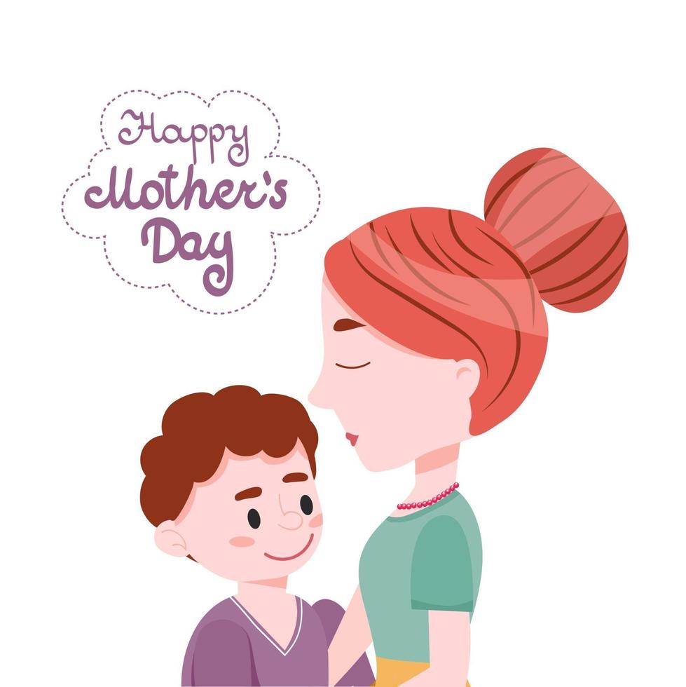 mamá con hijo pequeño y letras ilustración de vector lindo de dibujos animados de feliz día de la madre.