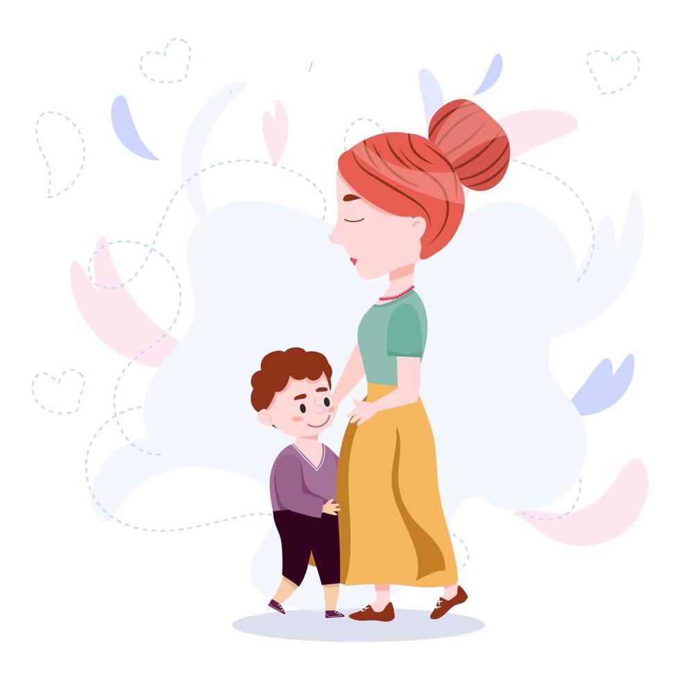 madre abraza a su pequeño hijo. ilustración vectorial en estilo de dibujos animados. linda tarjeta del día de la madre vector