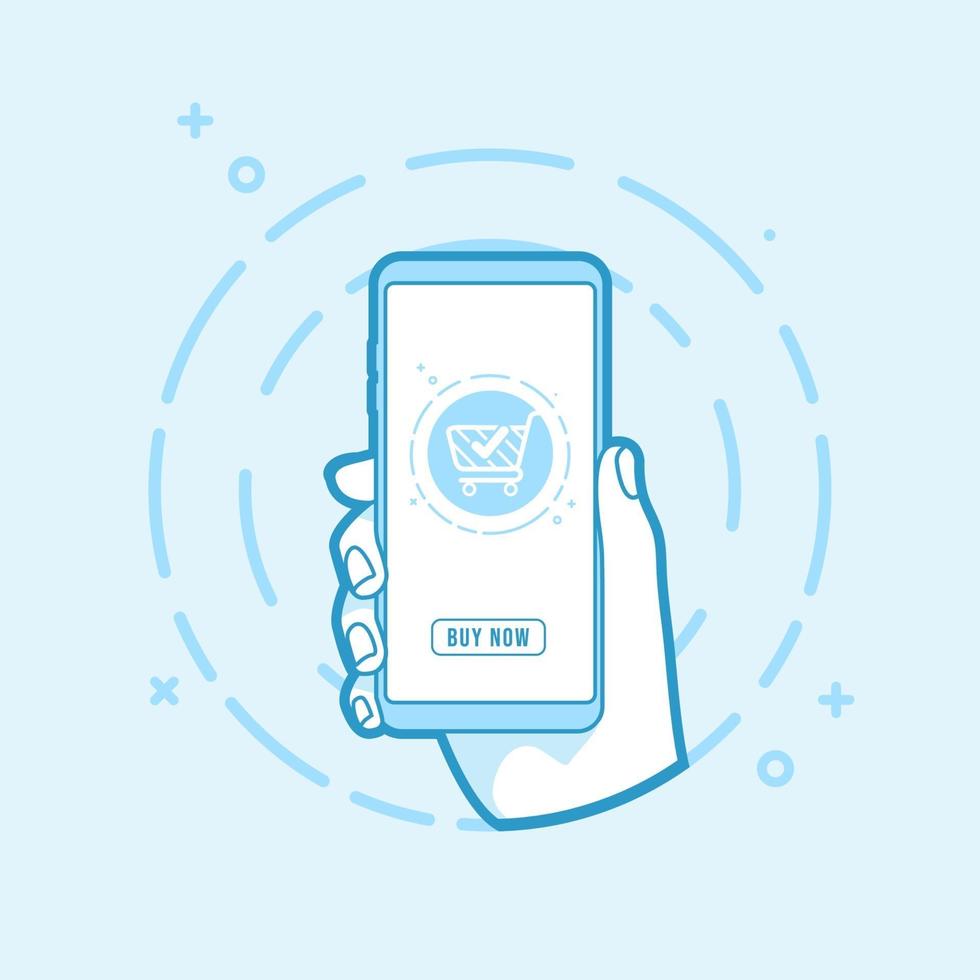 Online shopping concept. Hand holding smartphone icon in line style. vector