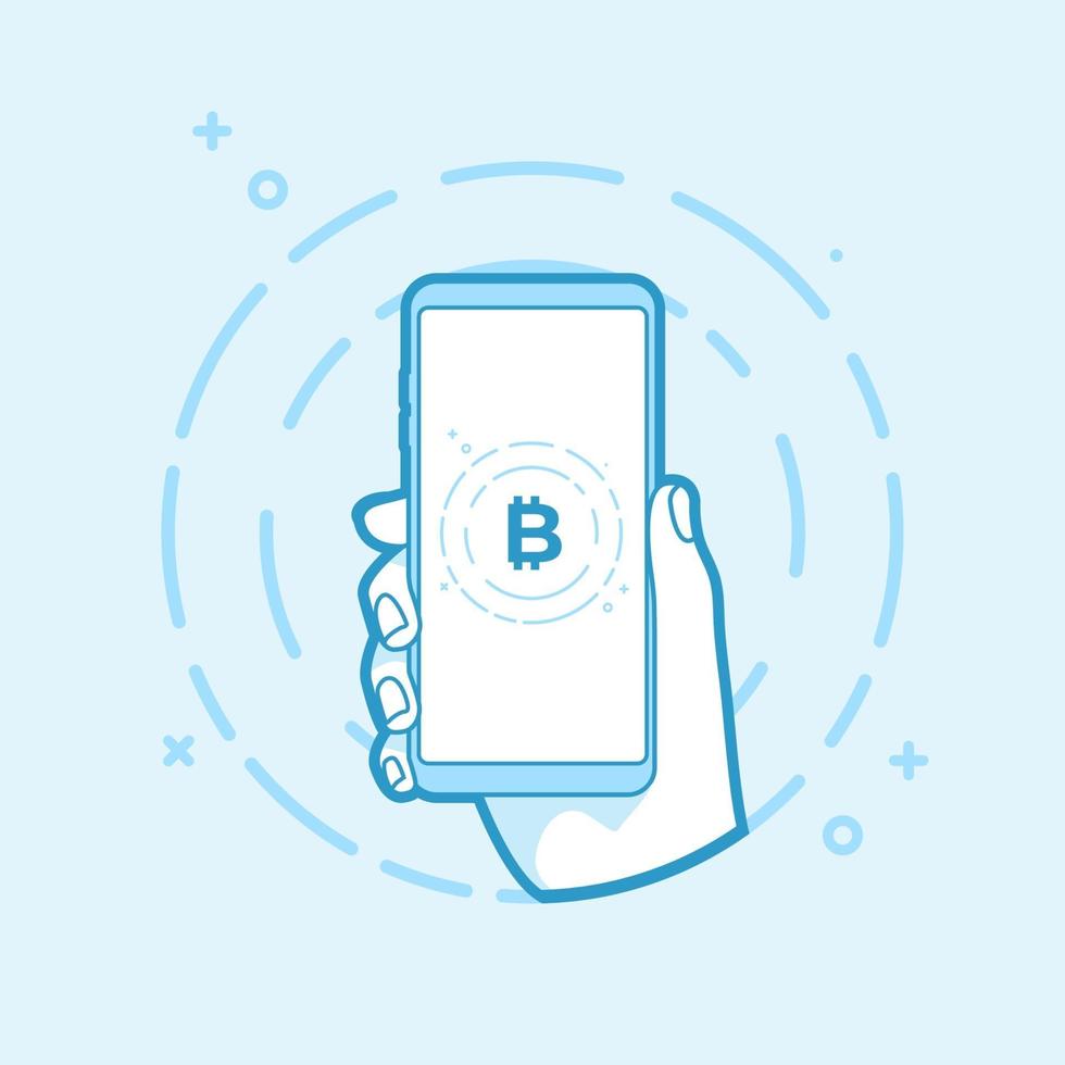 mano que sostiene el teléfono inteligente con moneda bitcoin. concepto de negocio de bitcoin en línea. vector