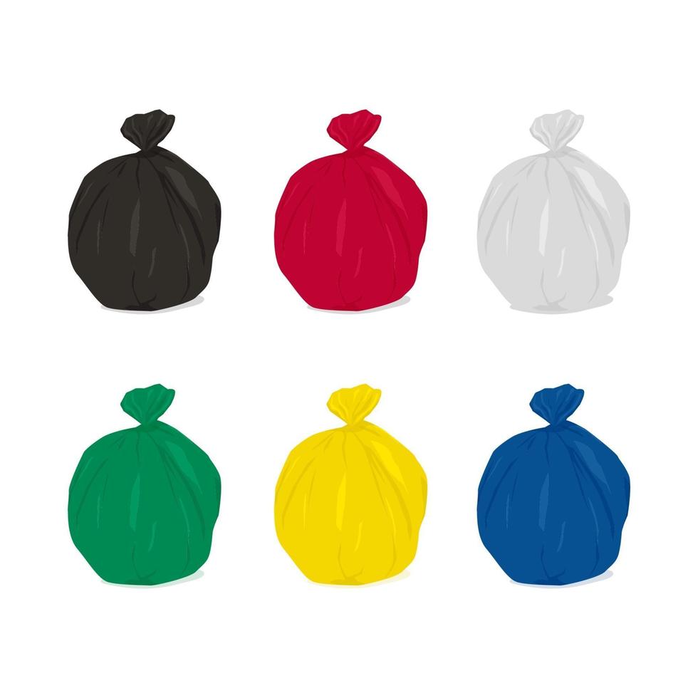 Garbage bag icons set. Plastic waste bags black, red, white, green, yellow and blue. vector