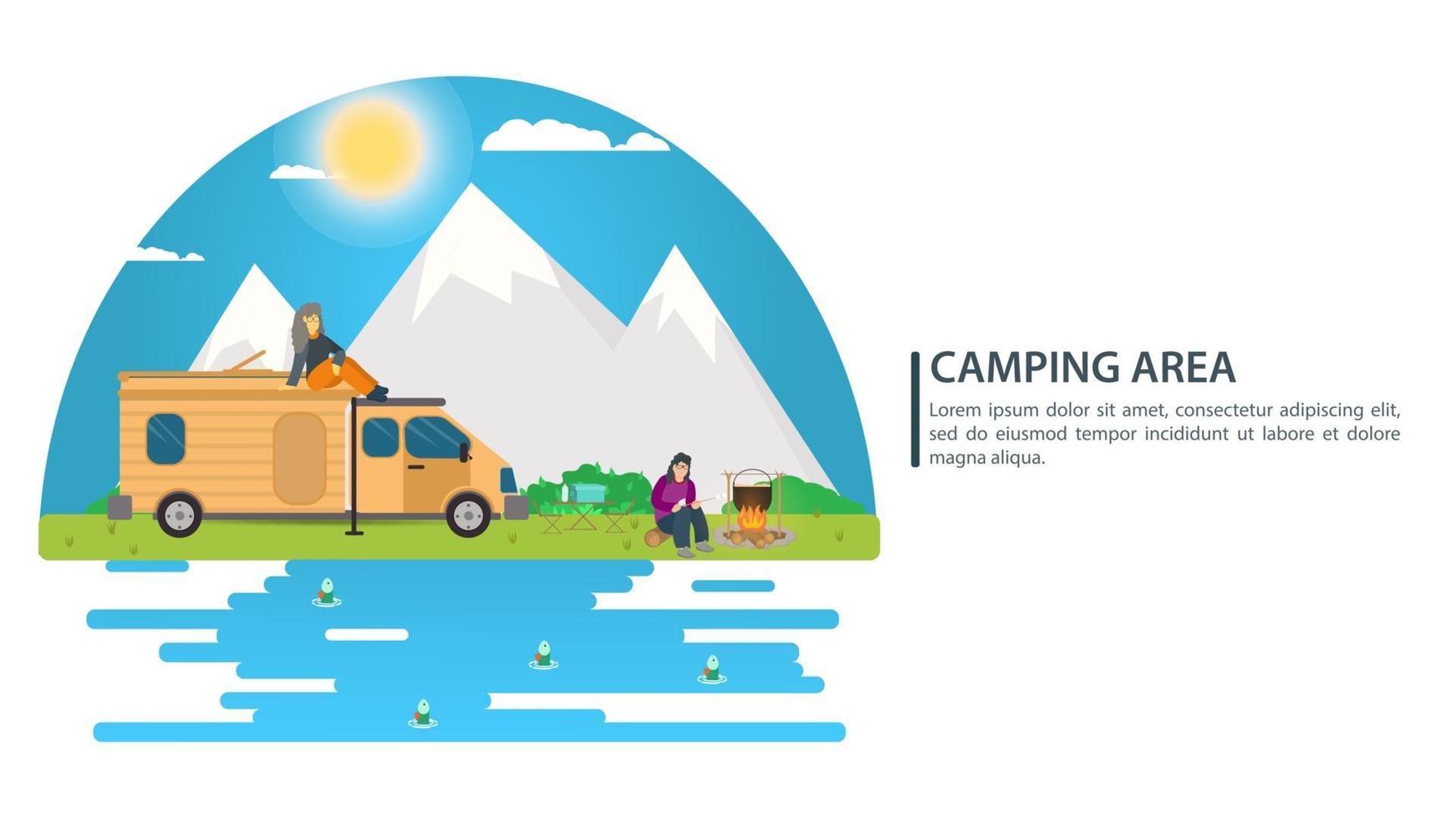 Sunny day landscape illustration in flat style car house on wheels campfire mountains forest and water people on vacation Background for summer camp nature tourism camping or Hiking concept design vector