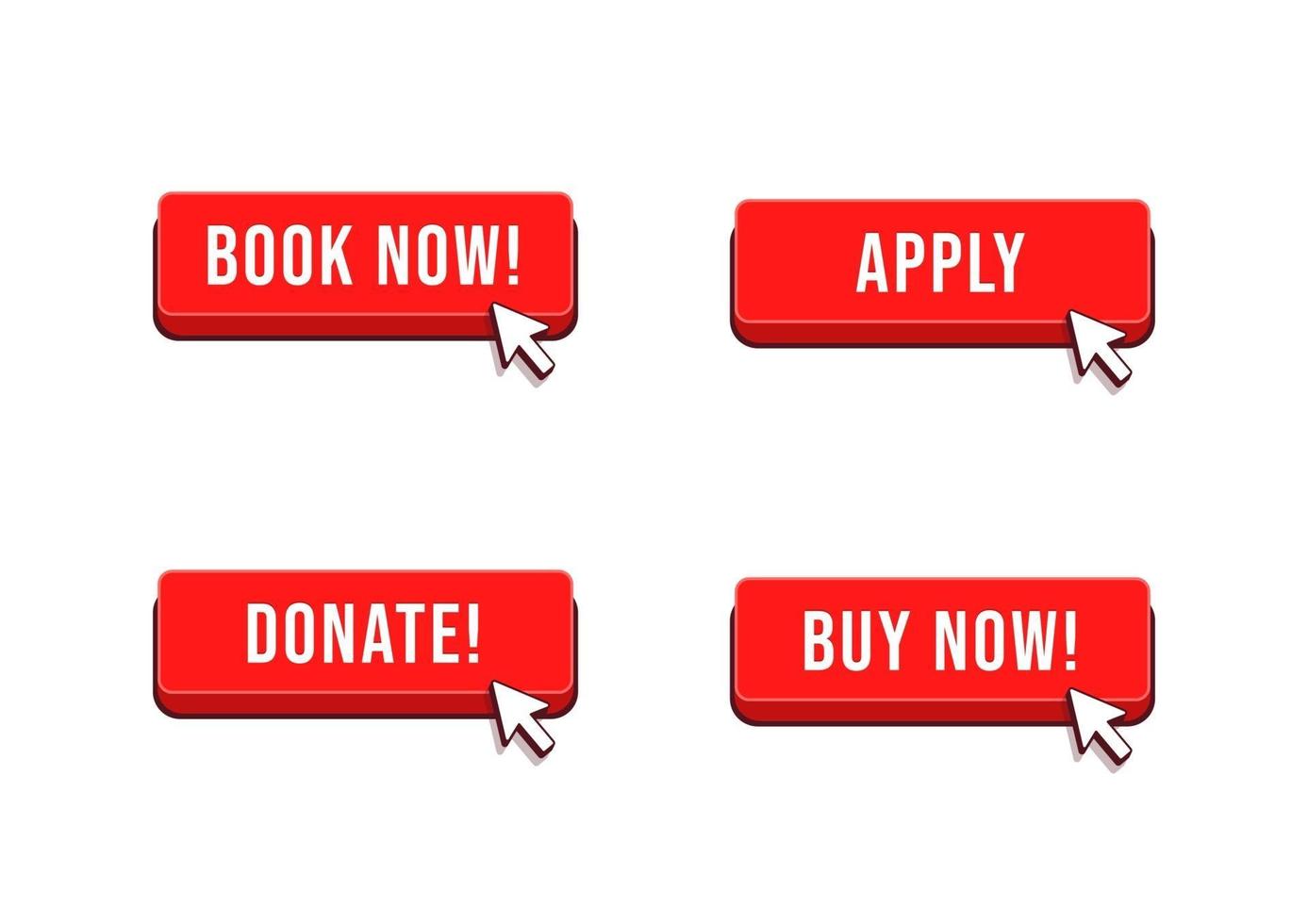 Book now, Apply, Donate, Buy now  button with arrow cursor set. vector