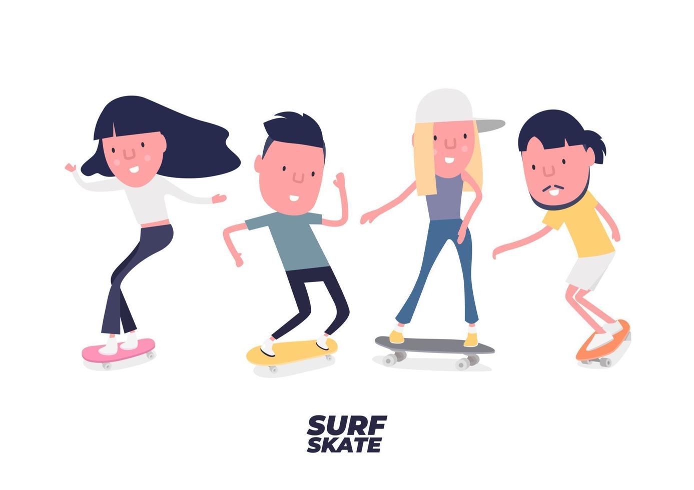 Skateboarder set. Young Boy and girl surf on skateboard or surf skate. People on skates. Funny cartoon character. vector