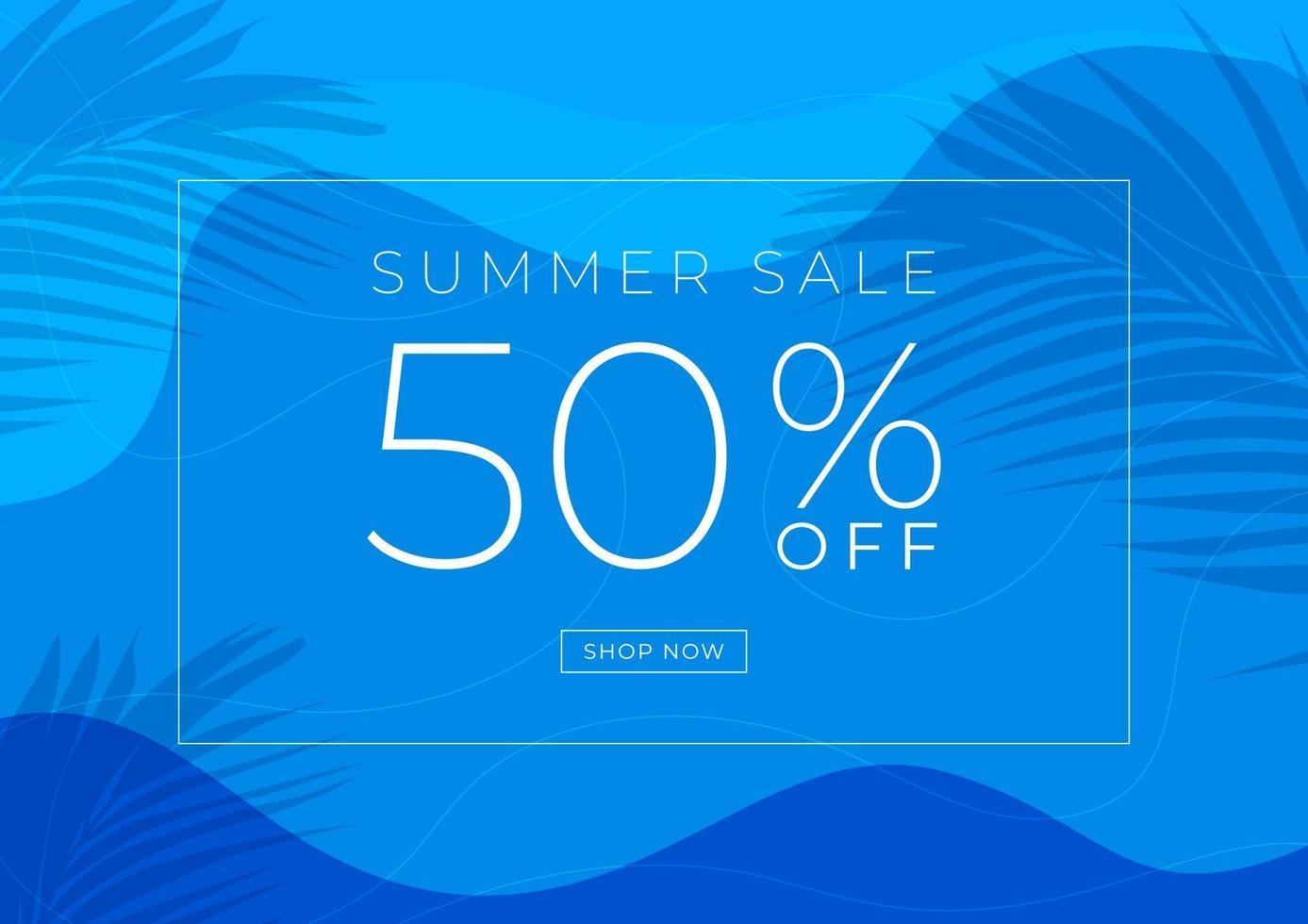 Summer sale 50 percent off banner template design. Swimming pool with palm leaves shadow top view background. vector