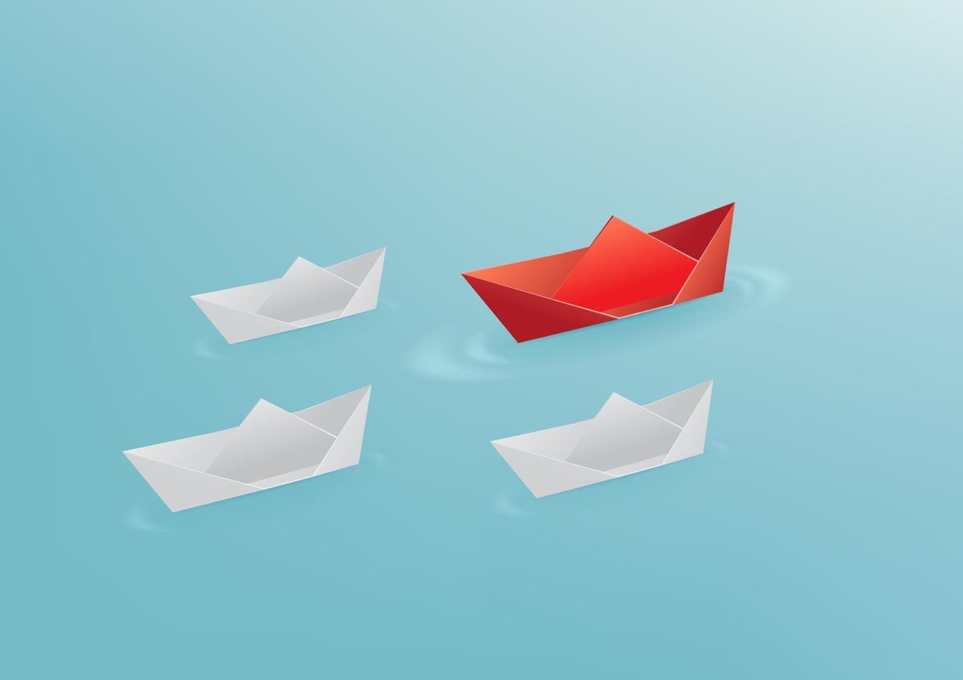 Origami red paper boat floating in front of white paper boats. Leadership concept. vector