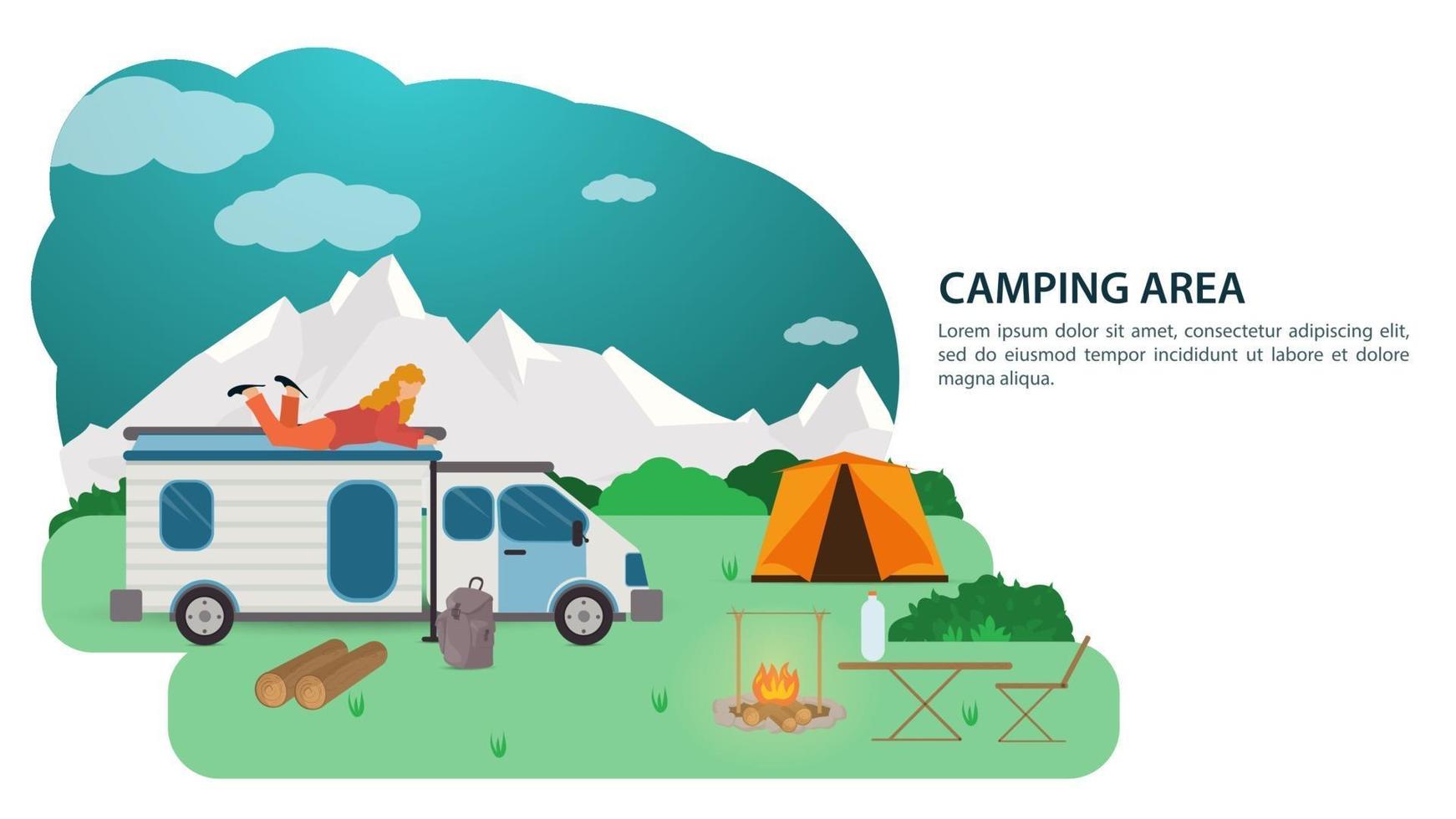 banner para el diseño de un campamento de verano un automóvil turístico una casa sobre ruedas se encuentra cerca de un fuego en el contexto de las montañas una niña se encuentra en el techo ilustración vectorial plana vector