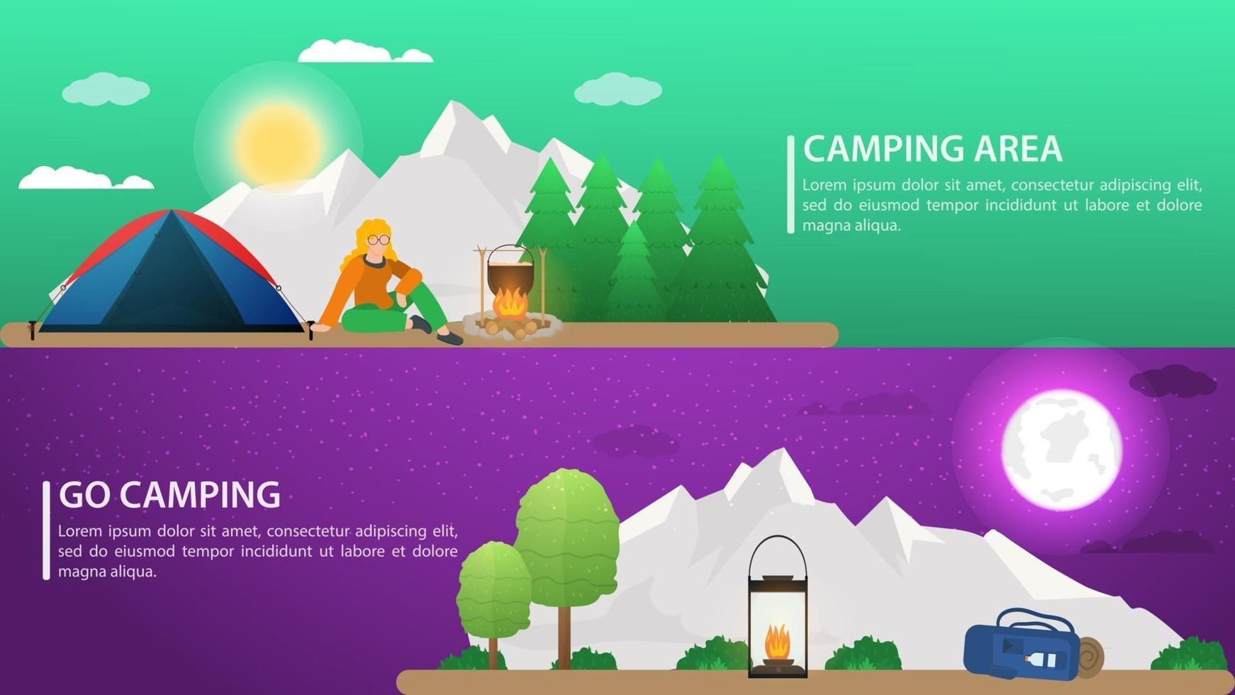 Fondo de paisaje diurno y nocturno para campamento de verano, turismo de naturaleza, camping o senderismo, concepto de diseño web, montañas, bosque, naturaleza, plano, vector, ilustración vector