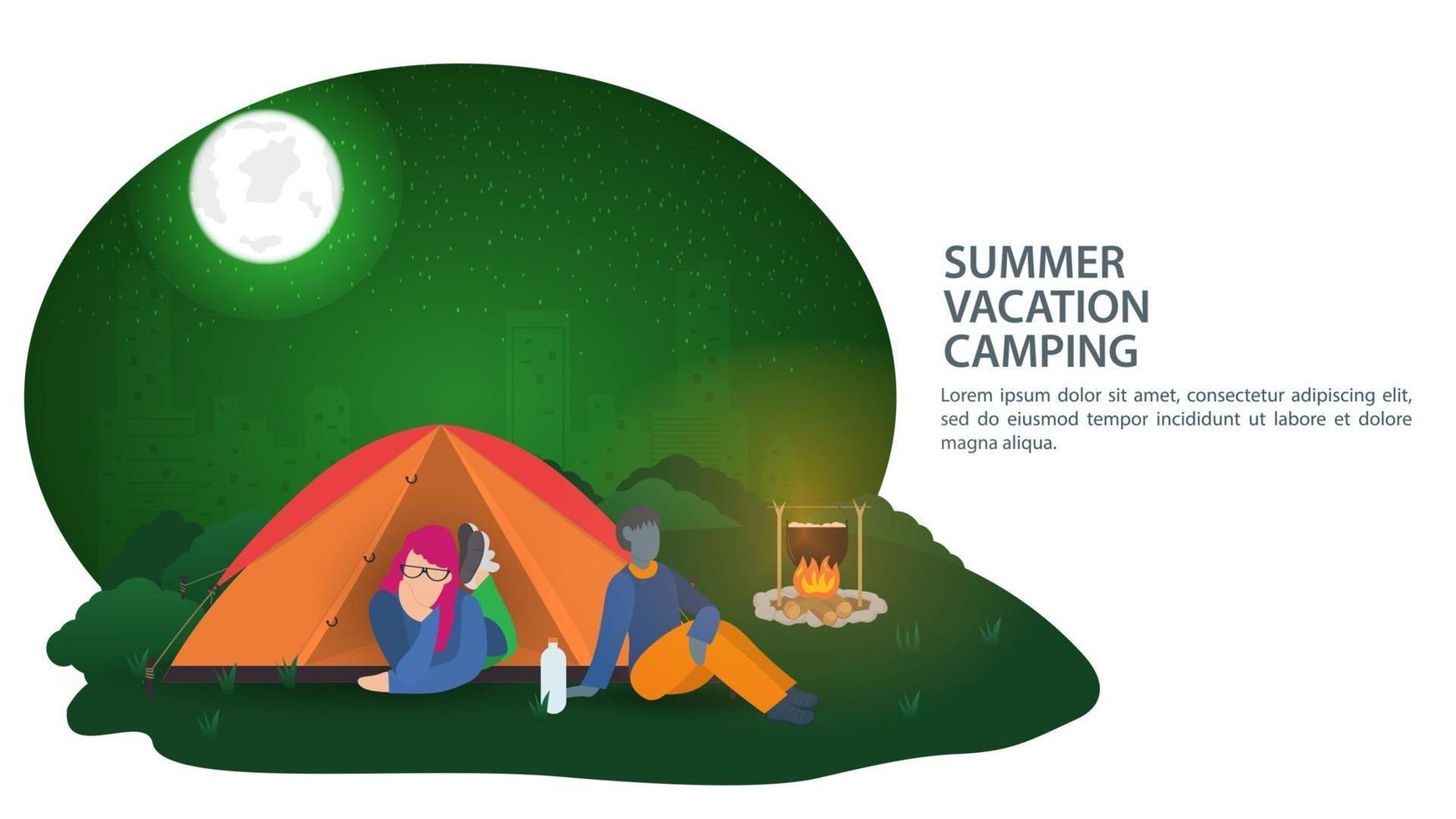 Banner para el diseño de un campamento de verano, una niña se encuentra en una carpa turística y un chico está sentado junto a una fogata en el contexto de una ilustración de vector de ciudad de noche