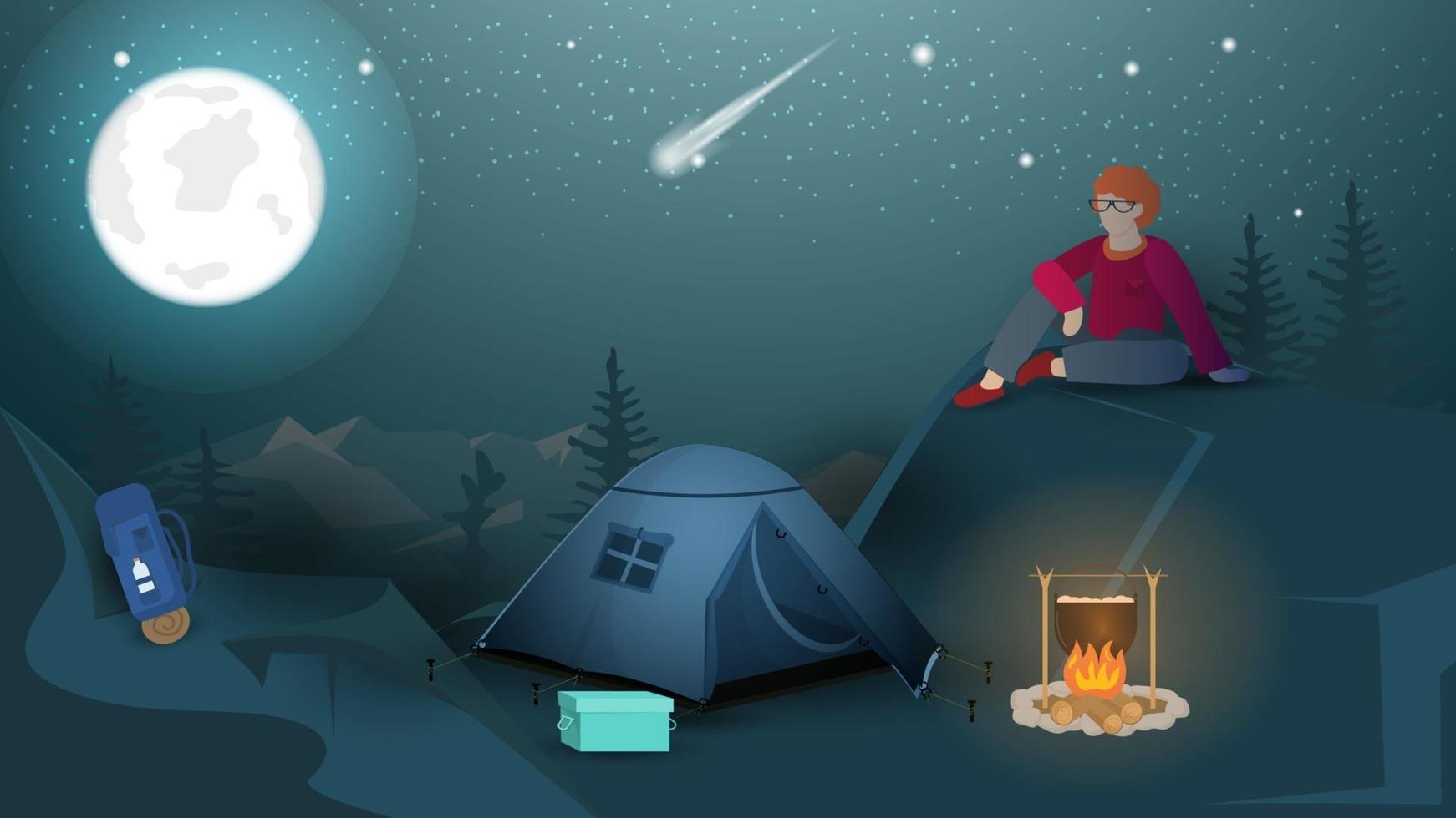 Banner para el diseño del campamento de verano, un hombre se sienta por la noche en las montañas junto a una carpa turística y una fogata mira la ilustración plana de vector de luna de noche