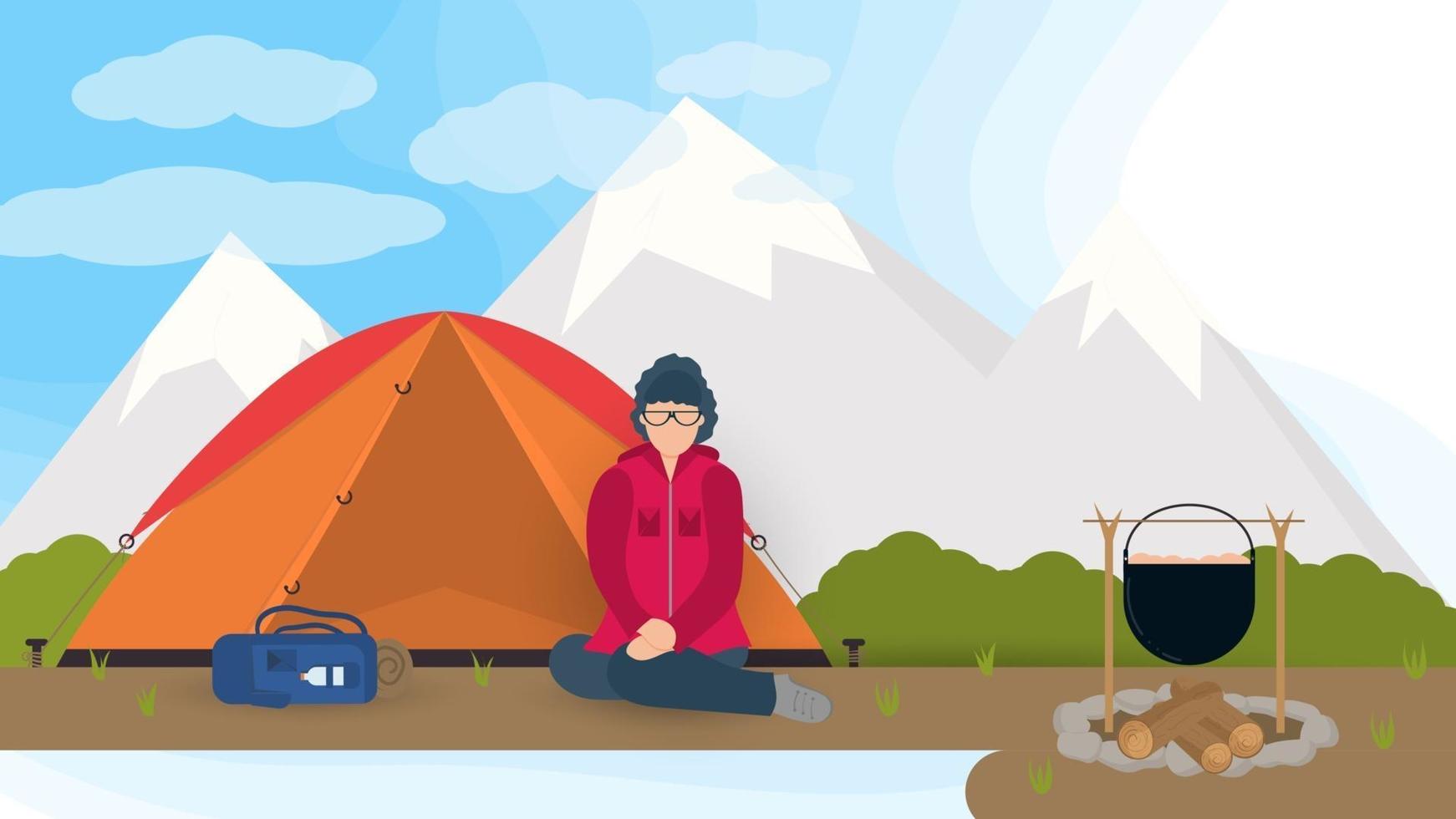 Banner for design of summer camping in nature a girl is sitting on her knees near a tourist tent against the background of mountains flat vector illustration