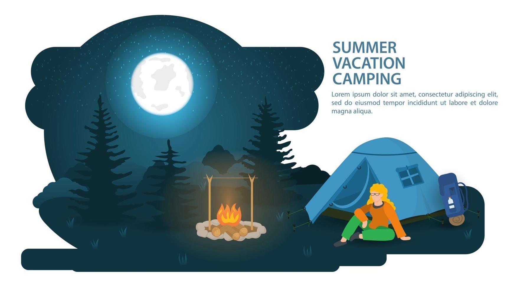 Banner para el diseño del campamento de verano en un claro del bosque hay una carpa turística junto a una persona sentada y descansando sobre el fondo de la ilustración plana del vector del cielo de la luna nocturna