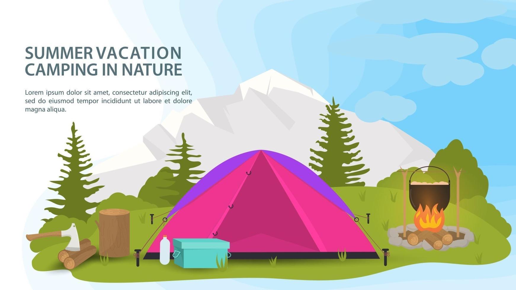 banner para el diseño del campamento de verano, una carpa turística se encuentra en un claro en el bosque junto a un fuego cocinando alimentos en el fondo de las montañas ilustración plana vectorial vector