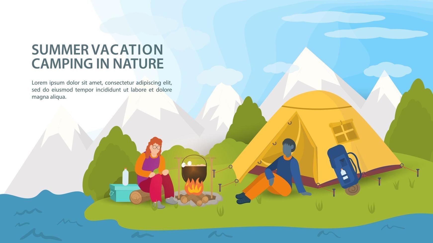 Banner for the design of summer camping in nature a guy and a girl sit next to a campfire near a tourist tent against the background of mountains flat vector illustration