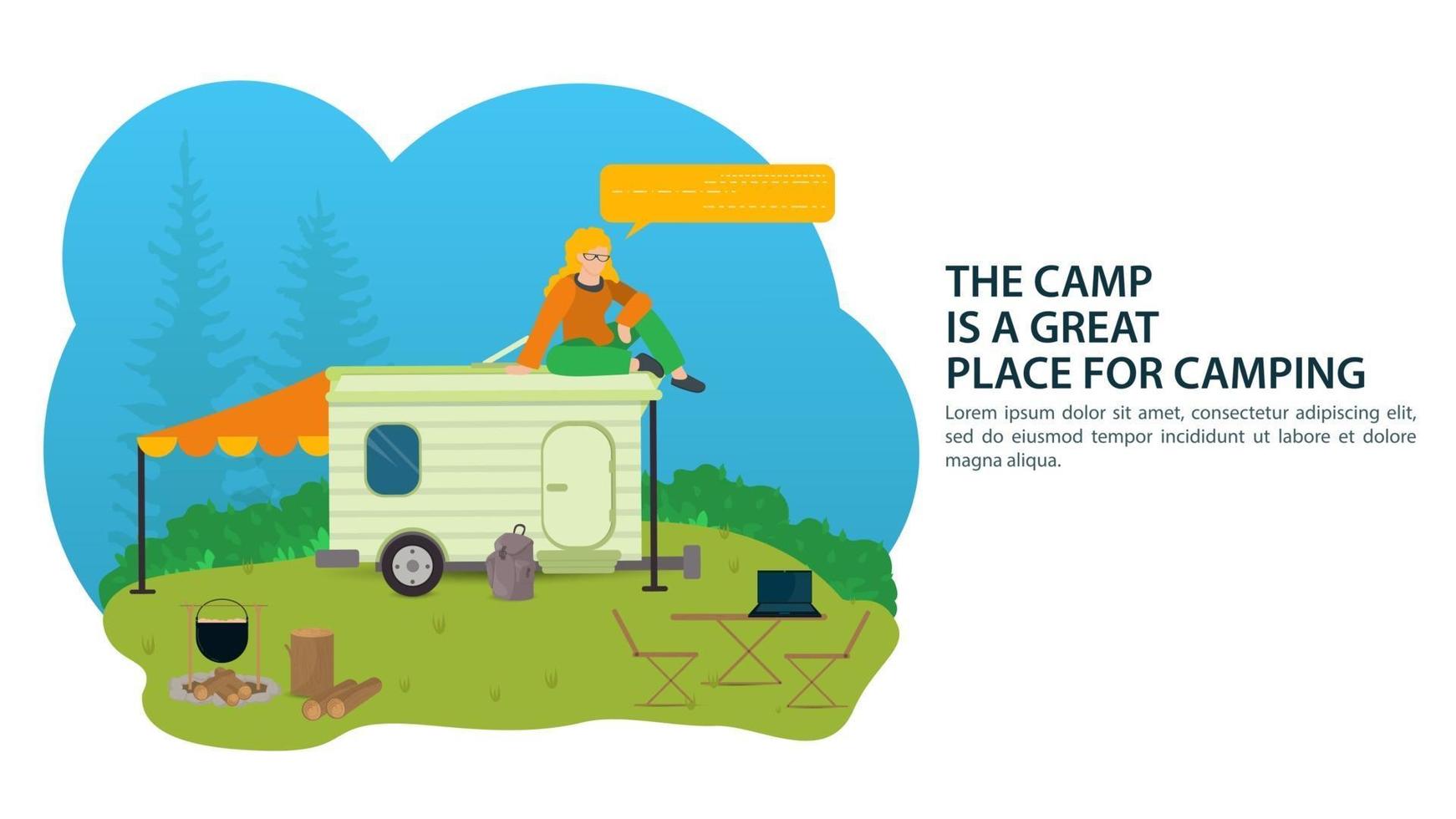 Banner para el diseño del campamento de verano, un turista se sienta en el techo de un remolque de casa de automóvil turístico en el fondo de la naturaleza ilustración plana vectorial vector