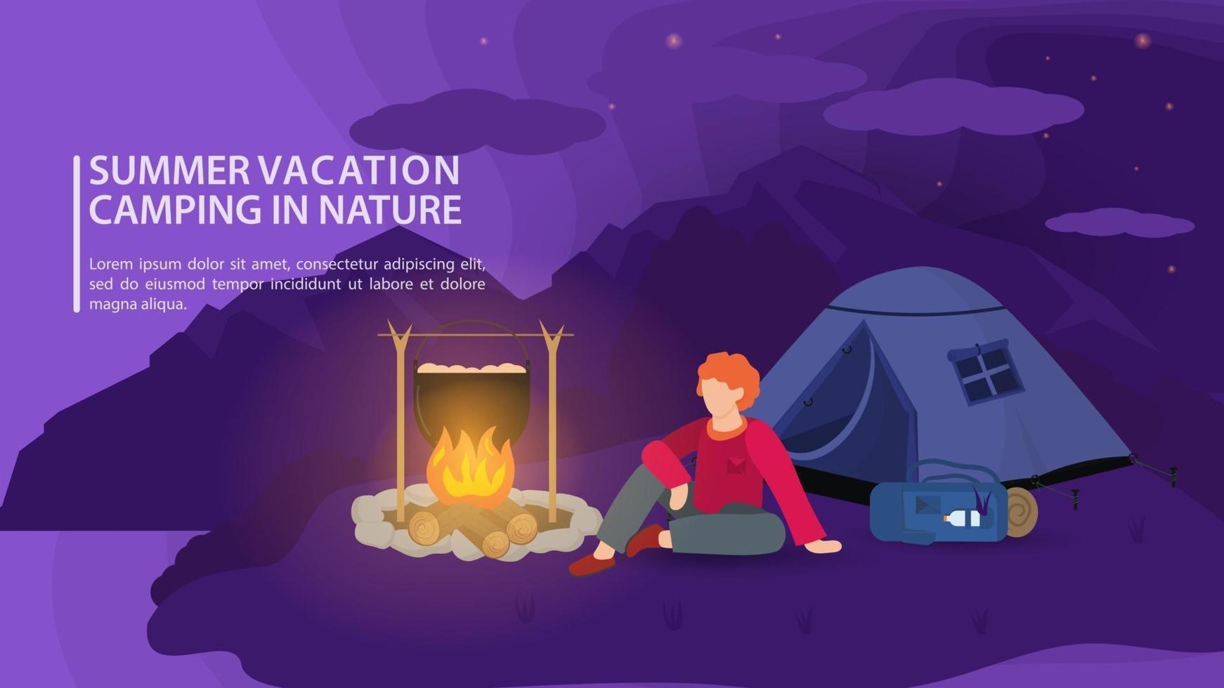 Banner para el diseño de un campamento de verano en la naturaleza, un chico se sienta cerca de una fogata por la noche en el contexto de las montañas ilustración vectorial plana vector