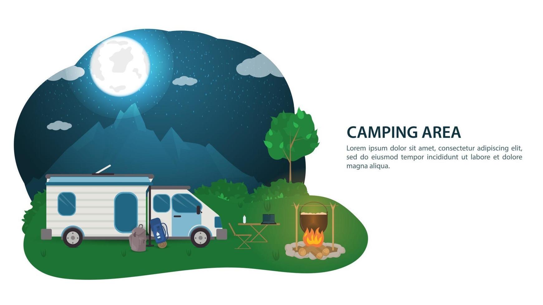 banner para el diseño de campamento de verano un automóvil turístico una casa sobre ruedas cerca de una fogata en el contexto de montañas nocturnas con la ilustración plana de vector de luna