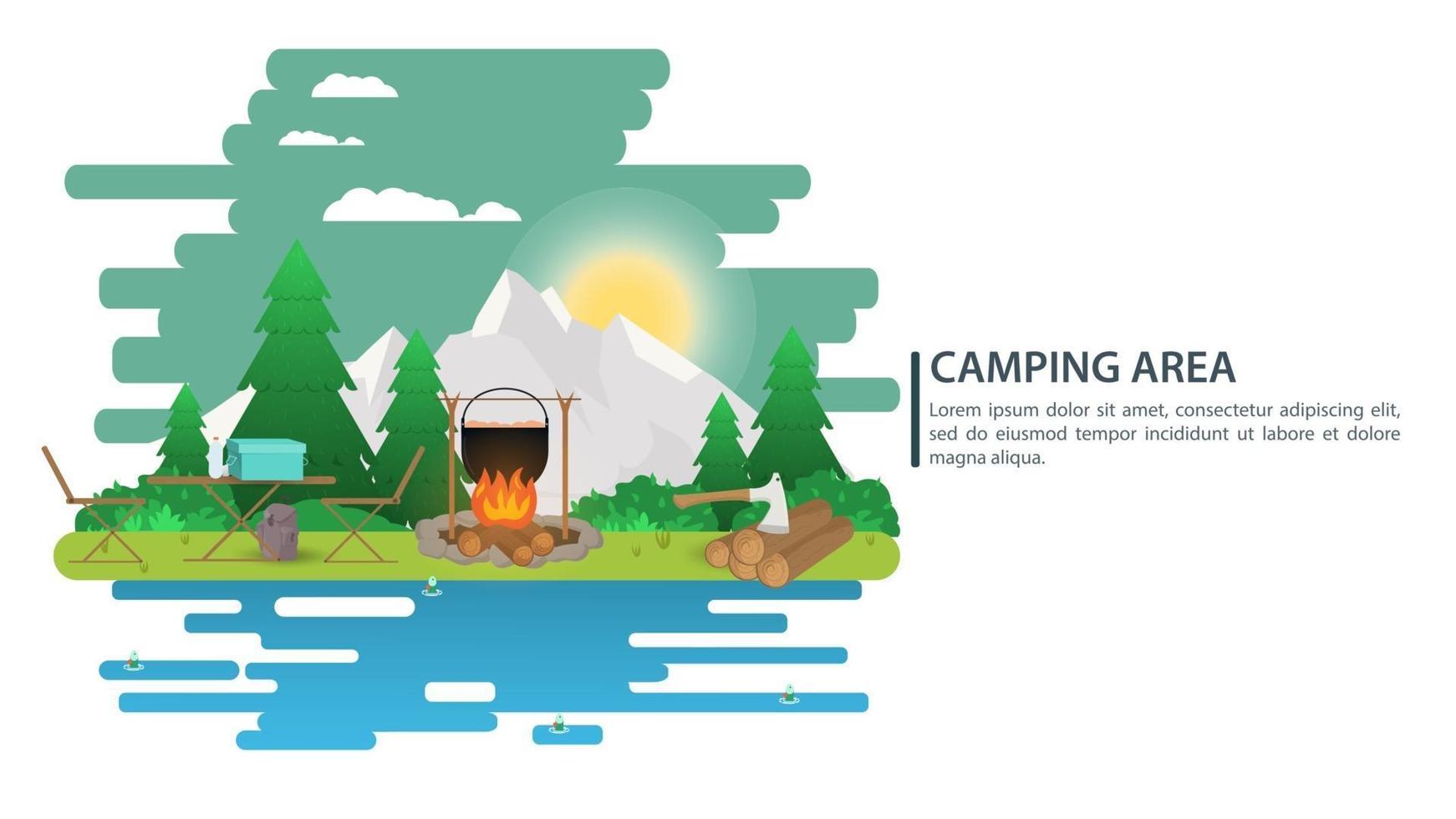 Ilustración de paisaje nocturno en estilo plano Sol poniente de dibujos animados detrás de las montañas en el bosque Fondo de leña y comida para campamento de verano, turismo de naturaleza, acampada o senderismo, diseño de concepto vector