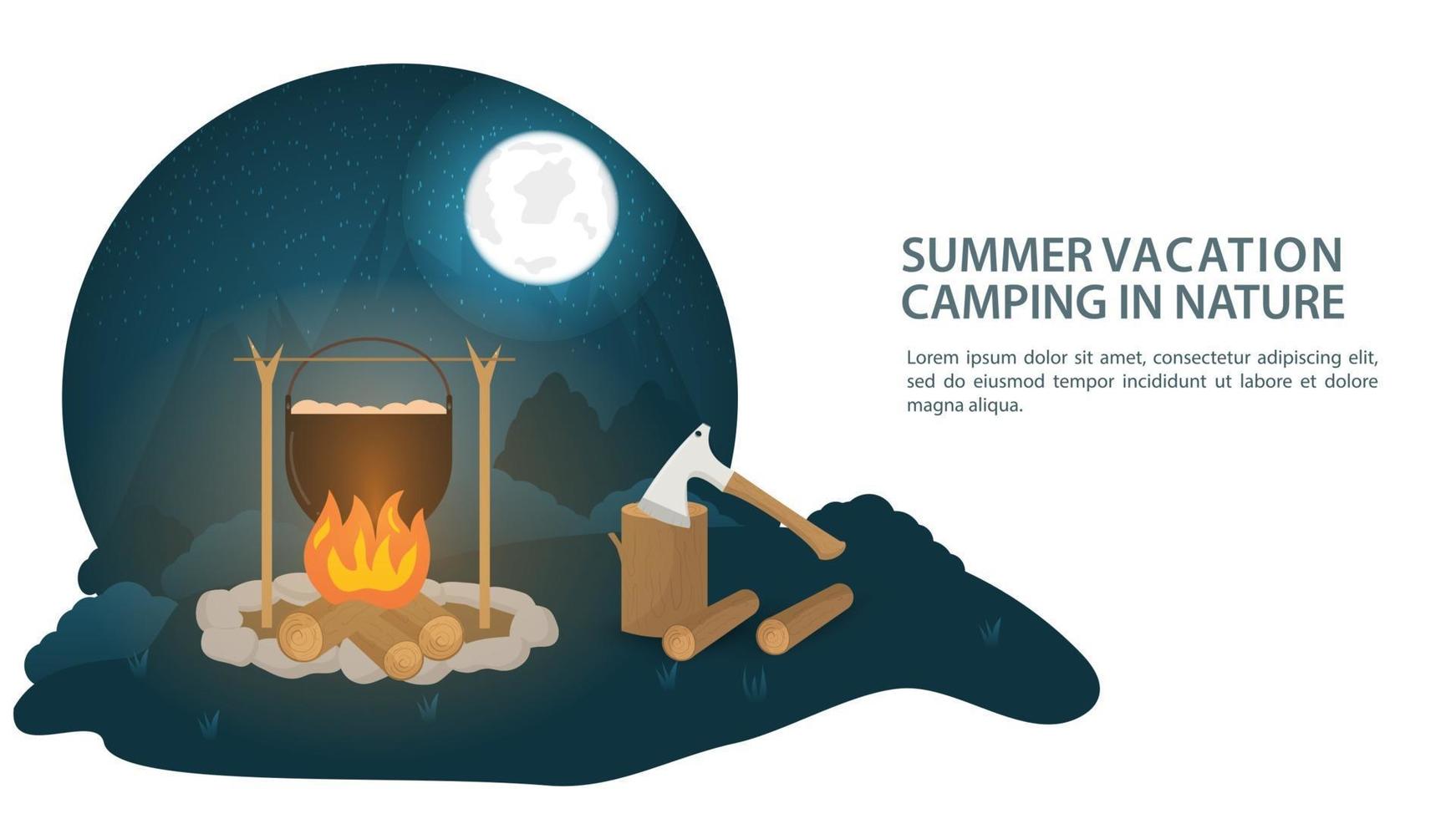 Banner for the design of a summer camp fire with a cauldron in a clearing in the forest where food is prepared or dinner next to an axe and logs flat vector illustration