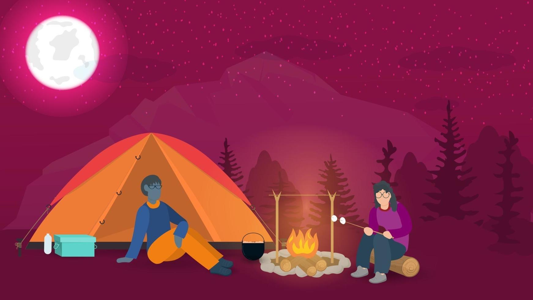 Banner for the design of summer camping in nature a guy and a girl sit next to a campfire at night near a tourist tent flat vector illustration