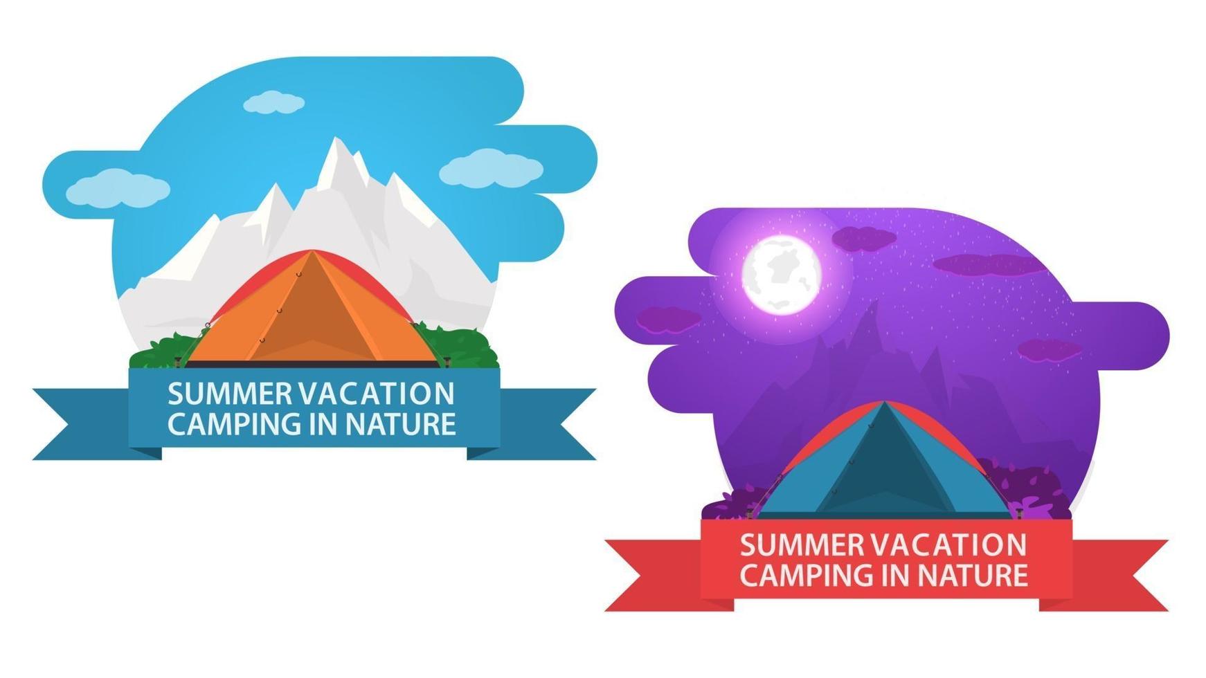 Banner para acampar de verano, diseño de dos etiquetas, día y noche, emblema de una carpa turística, vector ilustración plana